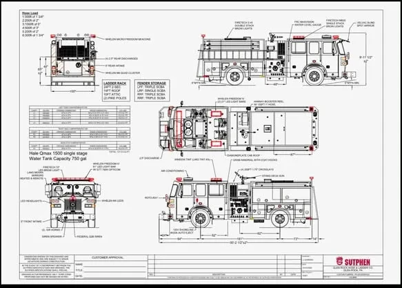 Specification drawing for Glen Rock Hose and Ladder Company's new Sutphen fire engine scheduled for delivery in 2029